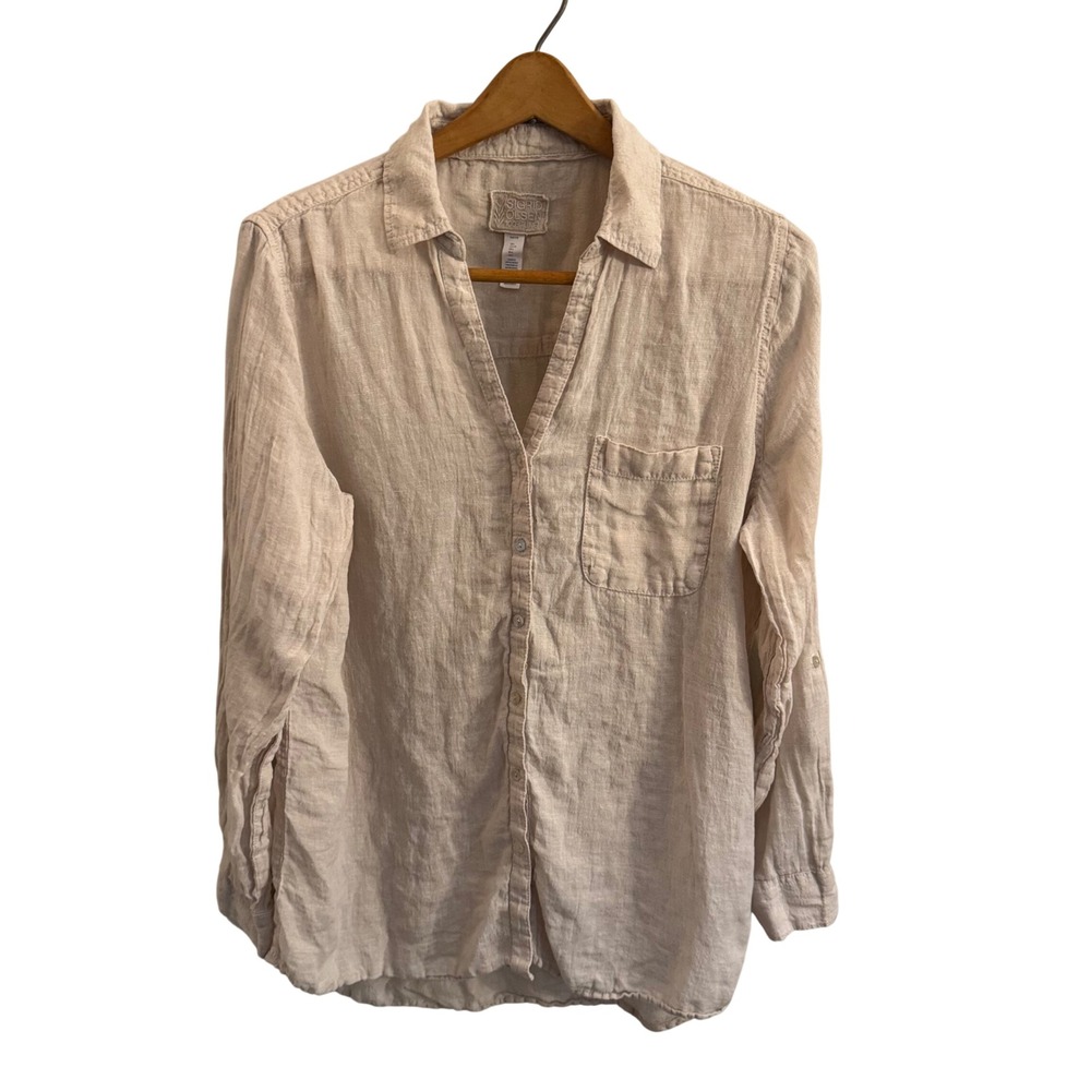 Sigrid Olsen 100% Linen Button Down Shirt Beige Oatmeal Long Sleeve Womens L